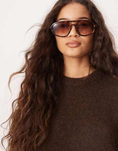 ASOS DESIGN slim angular aviator sunglasses in tort - view 1