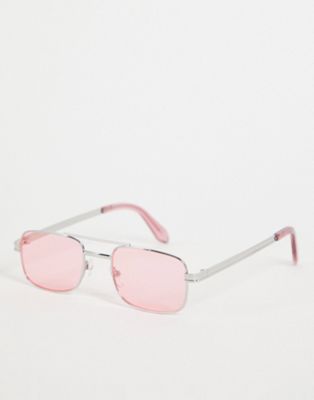 ASOS DESIGN slim aviator sunglasses in silver with pink lens