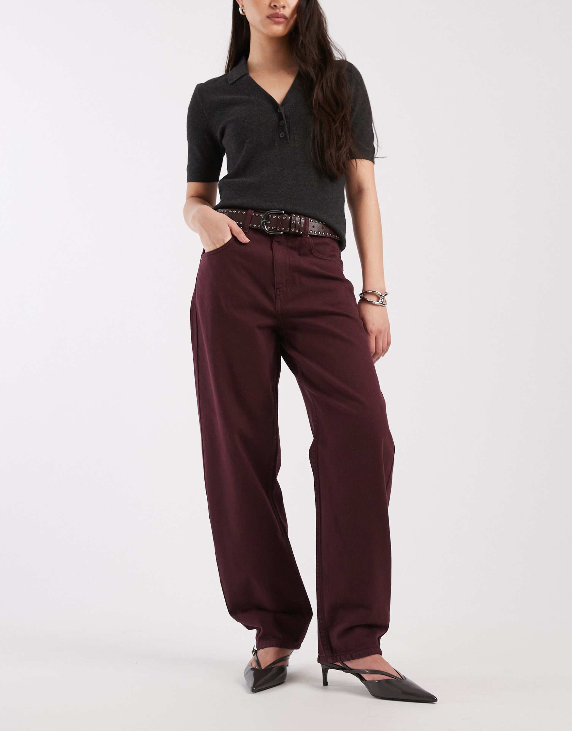 asos design slim barrel jeans in burgundy