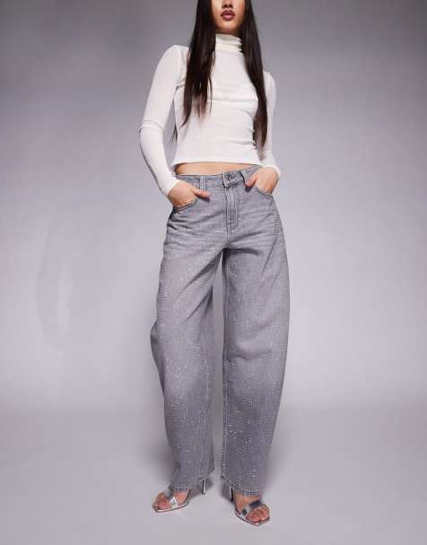 ASOS DESIGN slim barrel jeans in grey with diamante embellished front - view 1