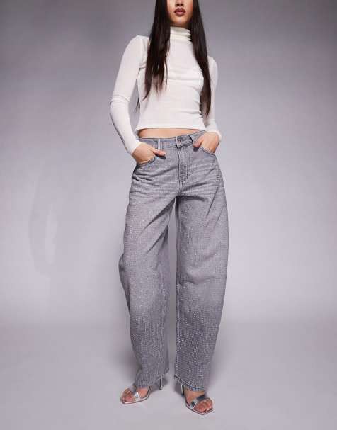 ASOS DESIGN slim barrel jeans in grey with rhinestone embellishment