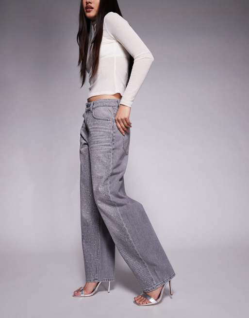 ASOS DESIGN slim barrel jeans in grey with rhinestone embellishment, 2 of 5