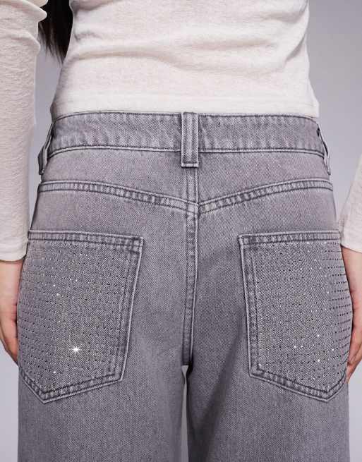 ASOS DESIGN slim barrel jeans in grey with rhinestone embellishment, 5 of 5