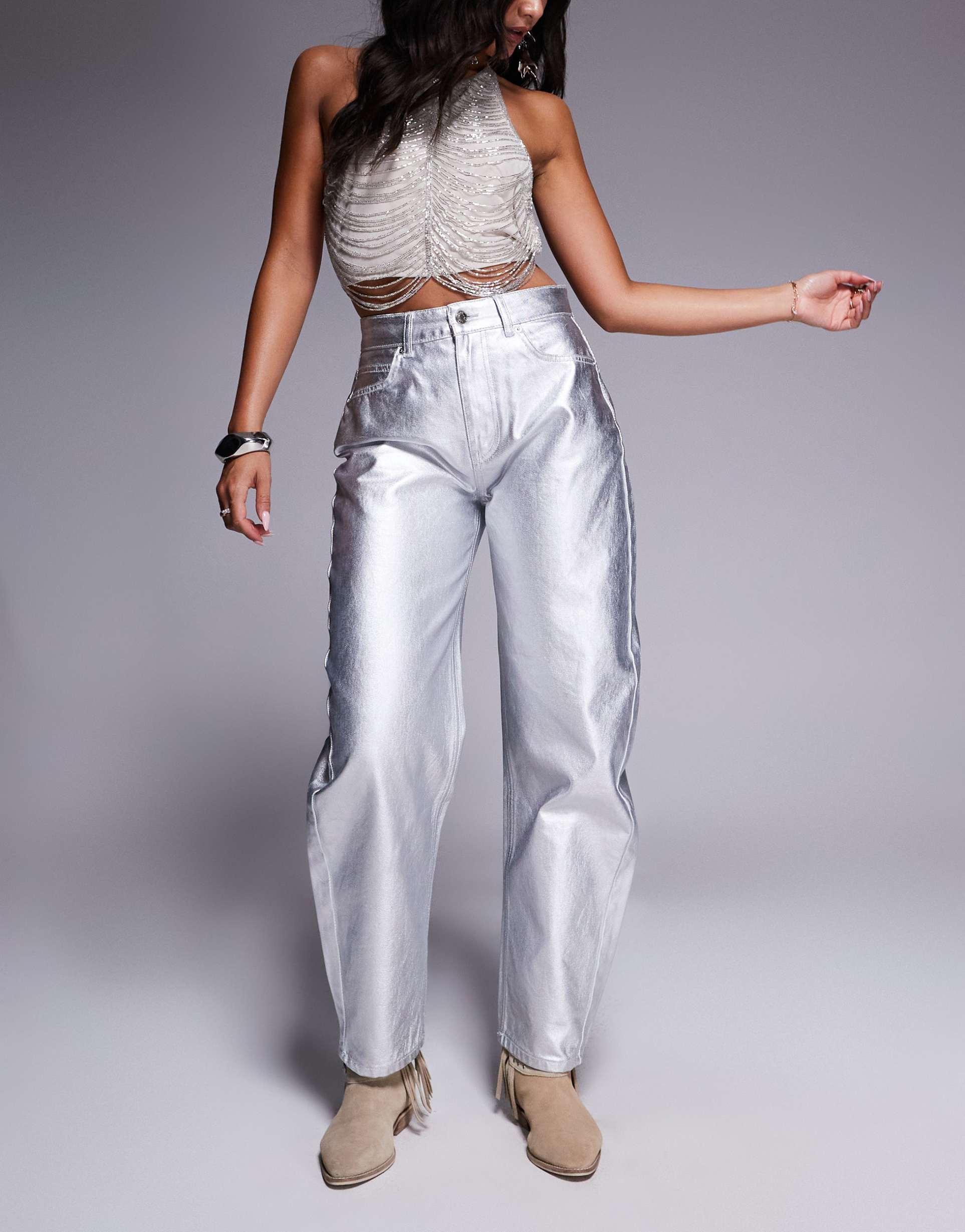 asos design slim barrel jeans in metallic silver