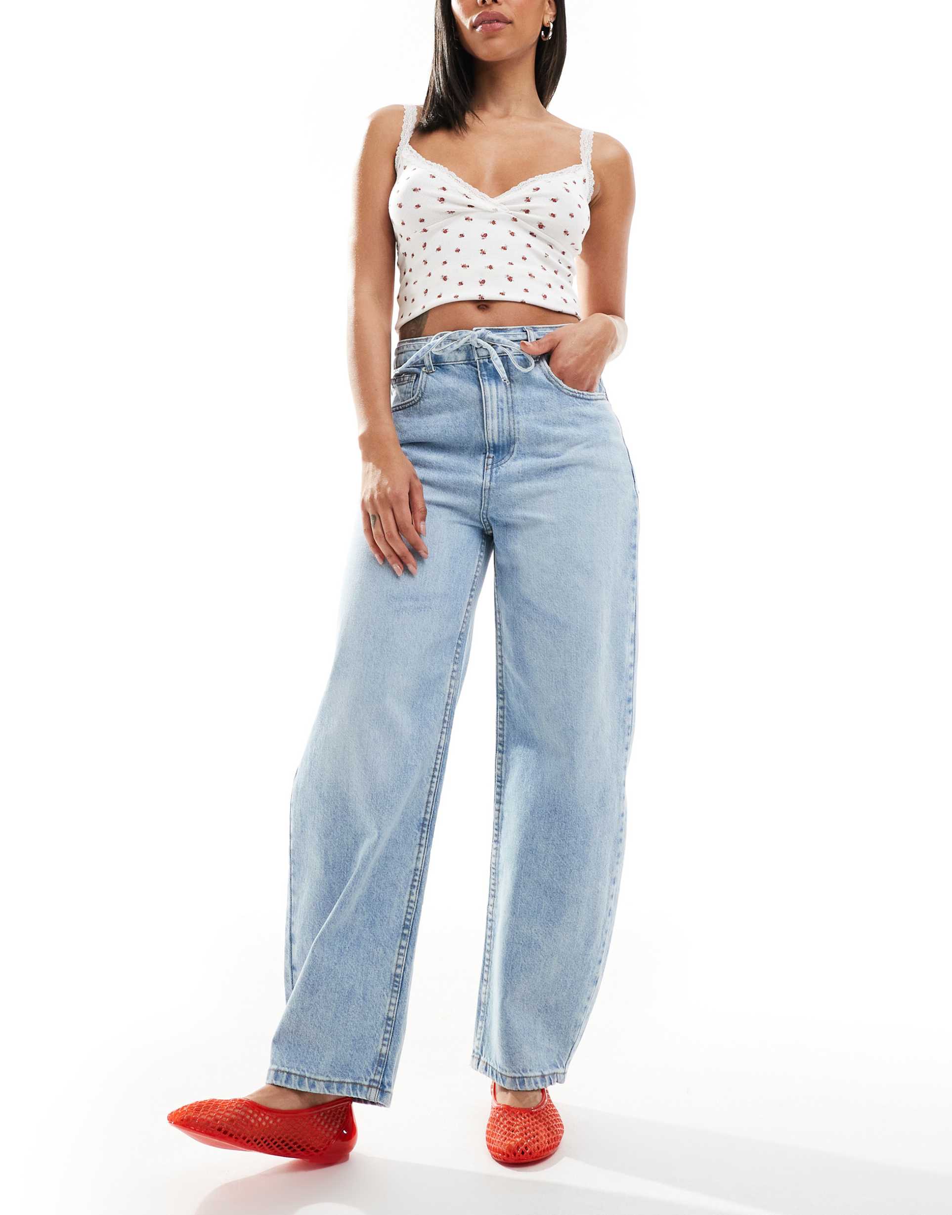 asos design slim barrel jeans in pale wash with belt