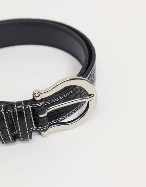 Black leather slim horse shoe buckle belt