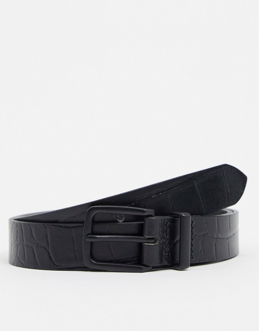 ASOS DESIGN slim belt in black croc leather with matte black buckle