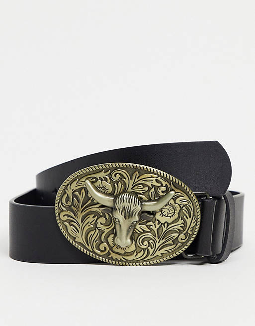 ASOS DESIGN slim belt in black faux leather with antique gold animal plate buckle