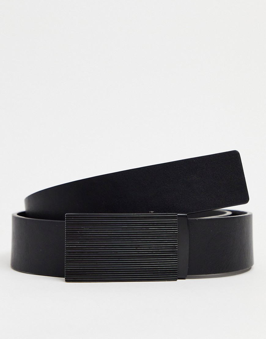 ASOS DESIGN slim belt in black faux leather with black plate buckle