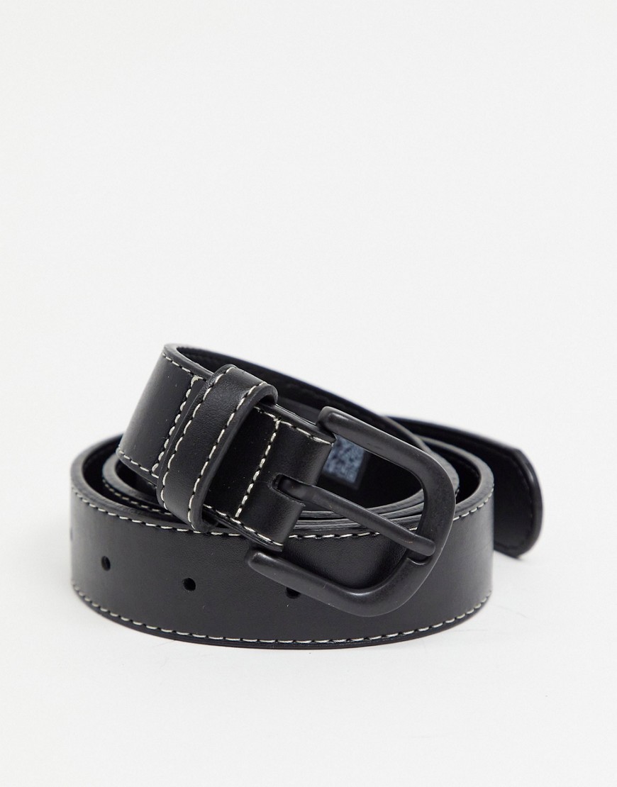ASOS DESIGN slim belt in black faux leather with contrast stitch and matte black buckle