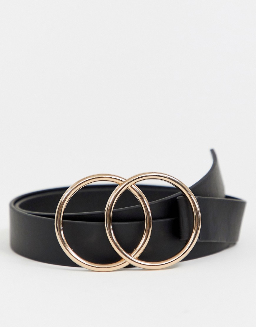 ASOS DESIGN slim belt in black faux leather with double circle buckle