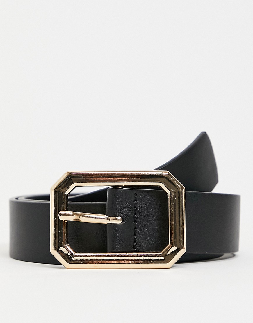 ASOS DESIGN slim belt in black faux leather with gold hexagon buckle