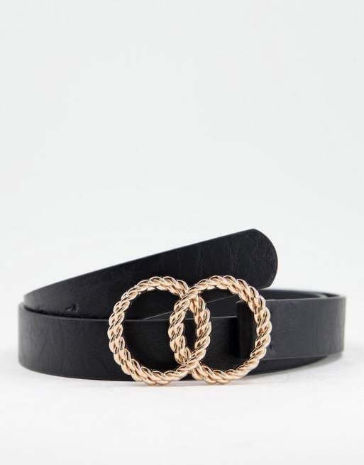 ASOS DESIGN slim belt in black faux leather with gold ring detail