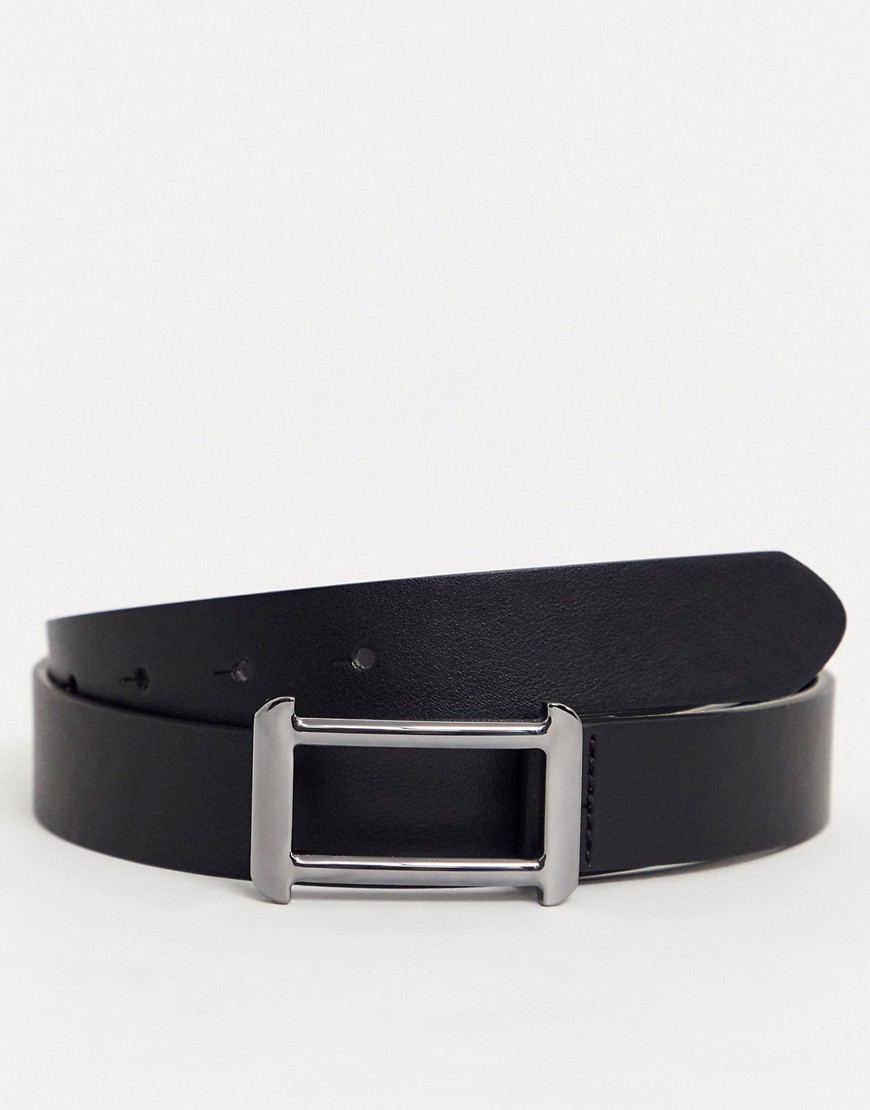 ASOS DESIGN slim belt in black faux leather with gunmetal geo buckle