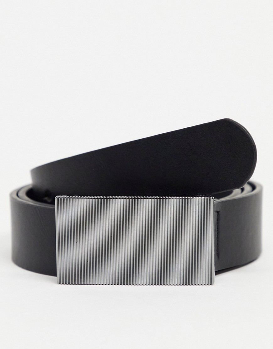 ASOS DESIGN slim belt in black faux leather with gunmetal plate buckle