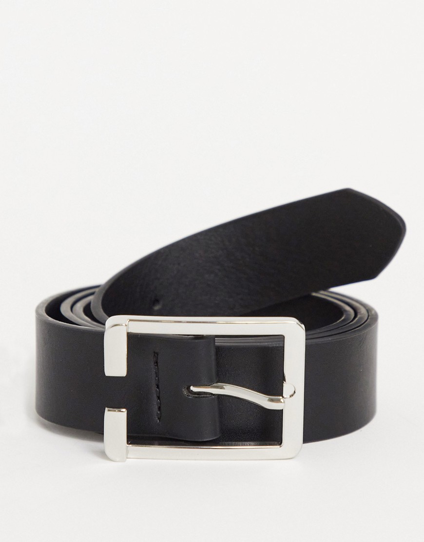 ASOS DESIGN slim belt in black faux leather with silver buckle detail