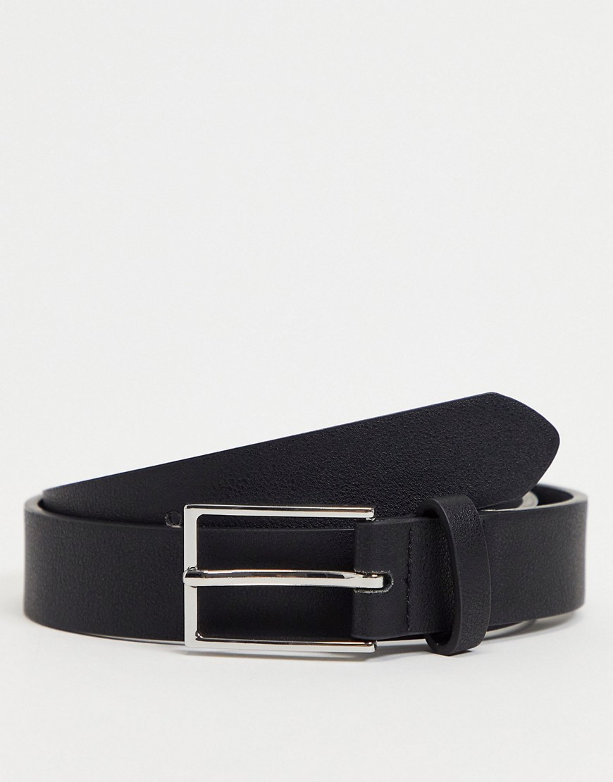 ASOS DESIGN slim belt in black faux leather with silver buckle