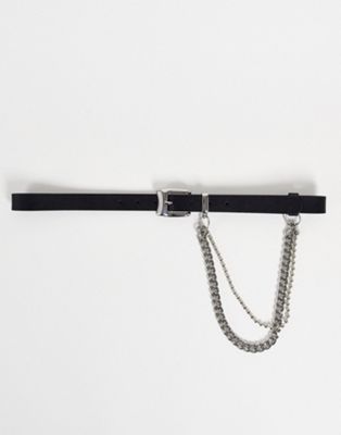 ASOS DESIGN slim belt in black faux leather with silver chain