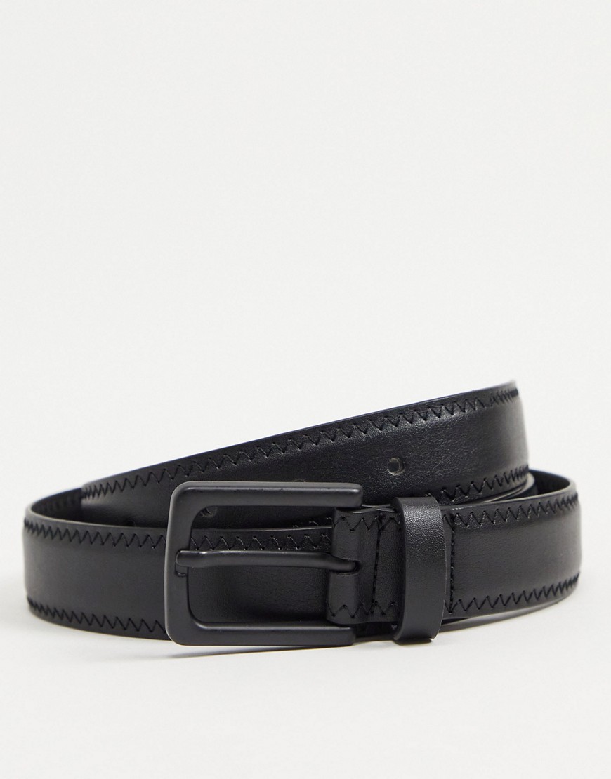 Asos Design Slim Belt In Black Faux Leather With Stitch Detail And Matte Black Buckle
