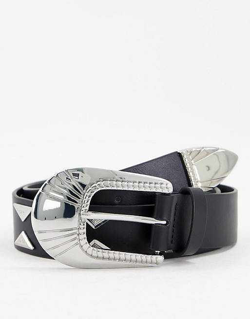 ASOS DESIGN slim belt in black faux leather with studding and western buckle