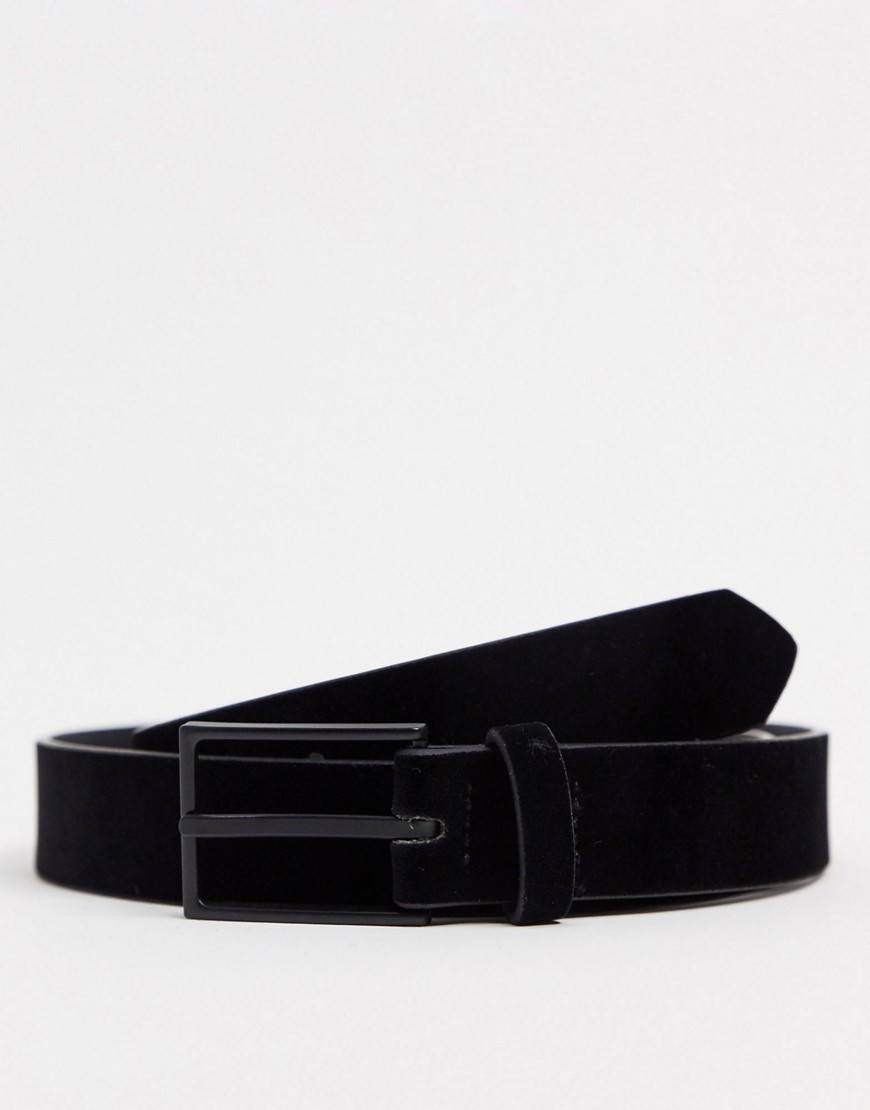 ASOS DESIGN slim belt in black faux suede with matte black buckle detail