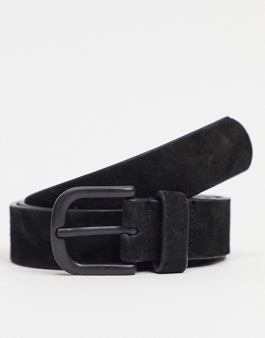 ASOS DESIGN slim belt in black suede with matte black horseshoe buckle