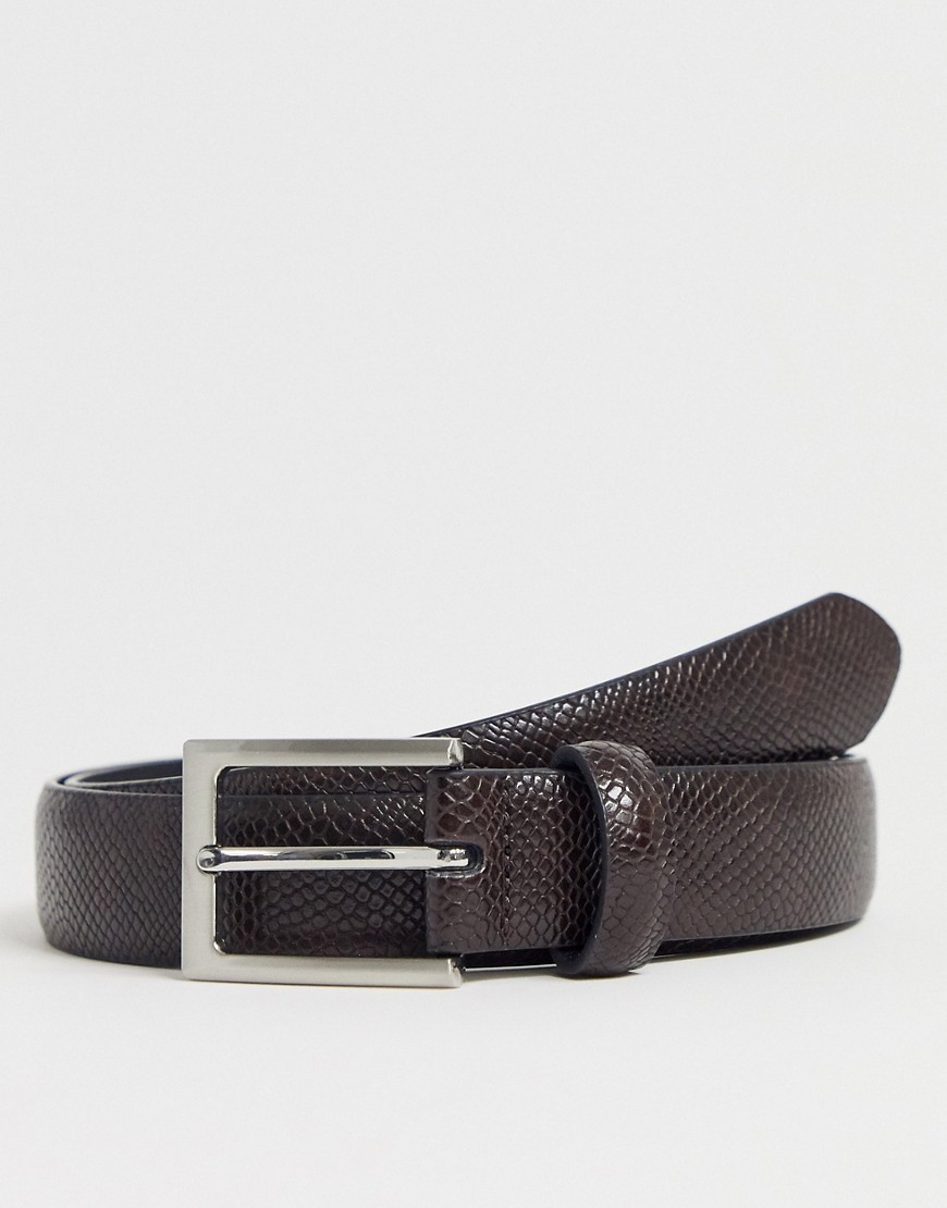 ASOS DESIGN slim belt in brown faux leather snake emboss
