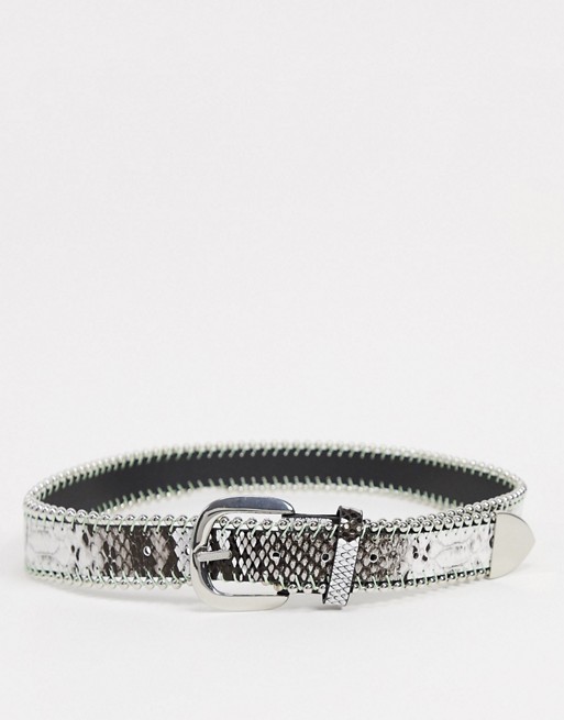 ASOS DESIGN slim belt in grey snakeskin faux leather with metal detail