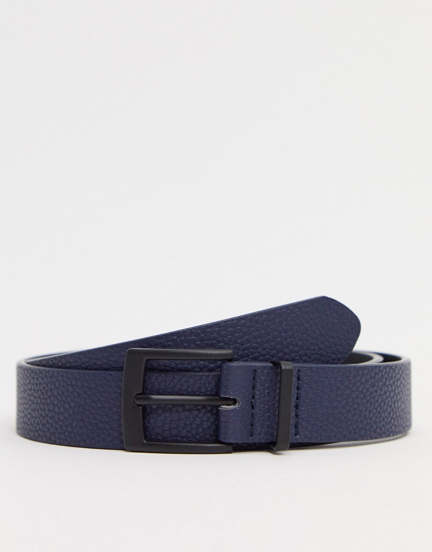 ASOS DESIGN slim belt in navy faux leather with matte black buckle