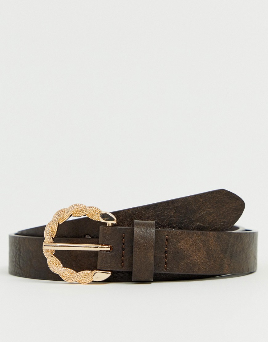 ASOS DESIGN slim belt in vintage brown faux leather and gold embossed circle buckle