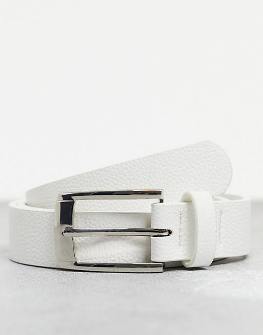 ASOS DESIGN slim belt in white faux leather with pebble emboss