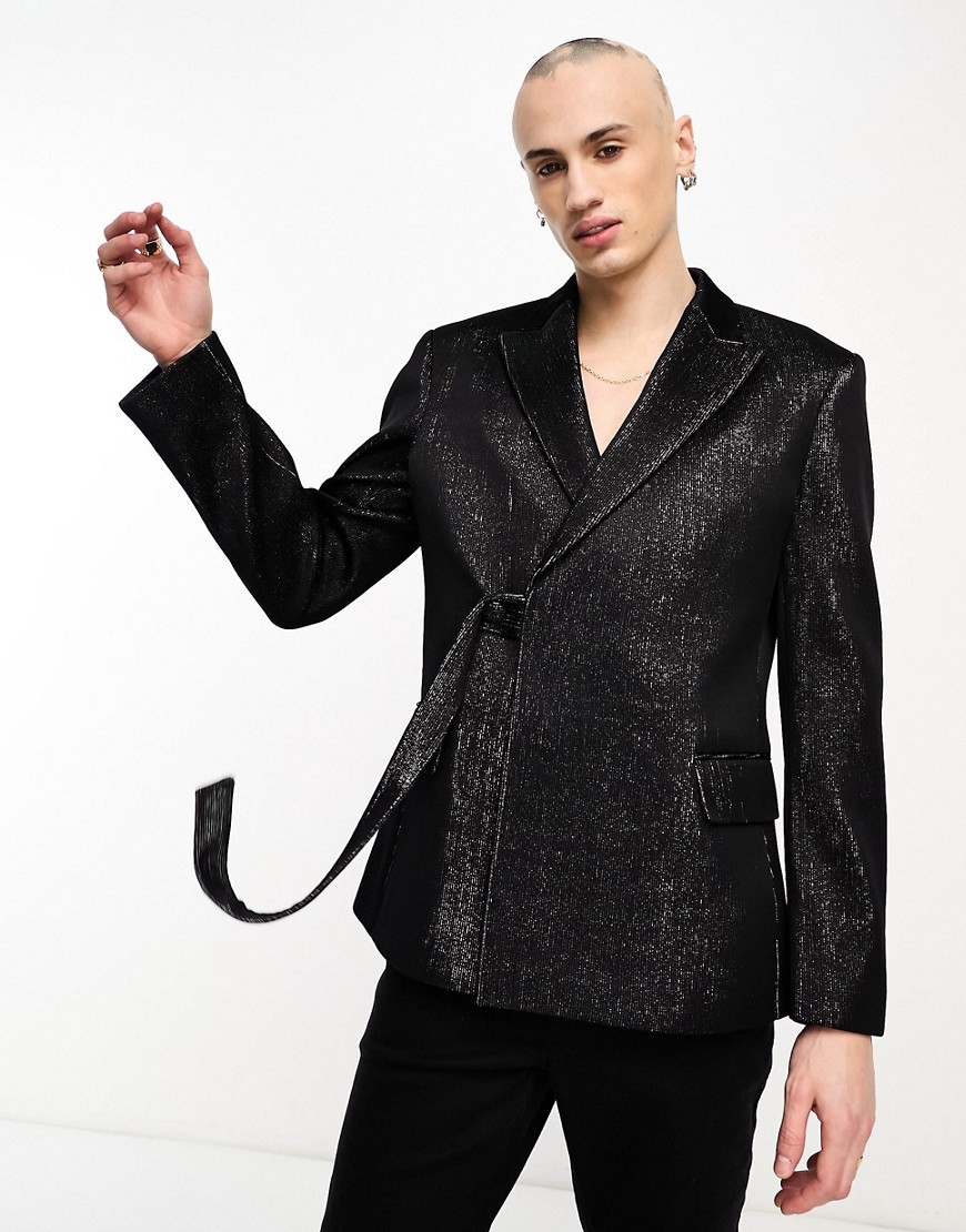 Asos Design Slim Belted Blazer In Black And Silver Plisse