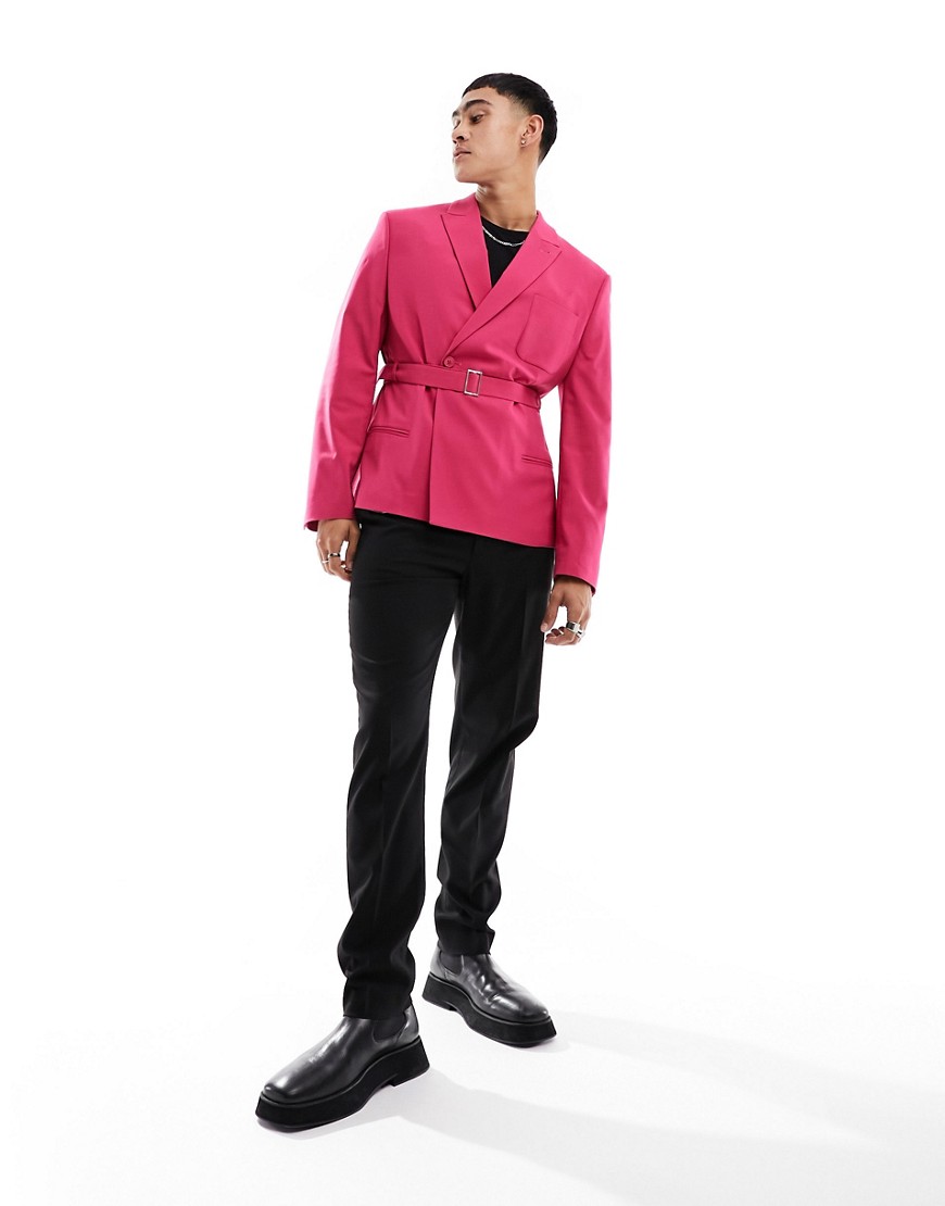 slim belted blazer in pink