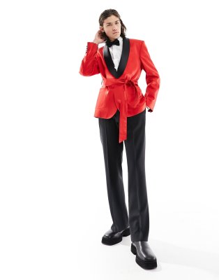 ASOS DESIGN slim belted blazer in red satin