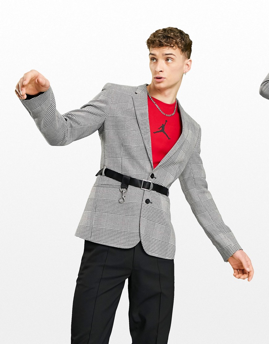 ASOS DESIGN slim belted blazer with prince of wales check-Black