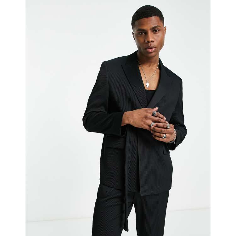 ASOS DESIGN slim belted suit jacket in black plisse