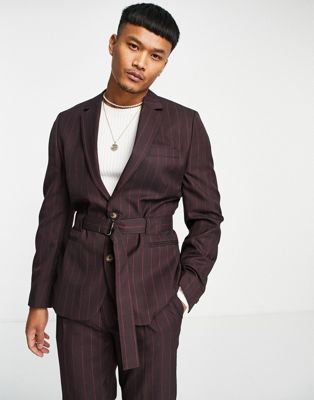 ASOS DESIGN slim belted suit jacket in burgundy pinstripe
