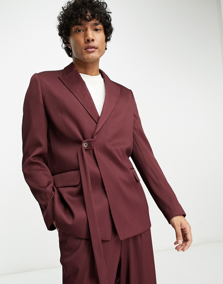 Asos Design Slim Belted Suit Jacket In Burgundy Plisse-red