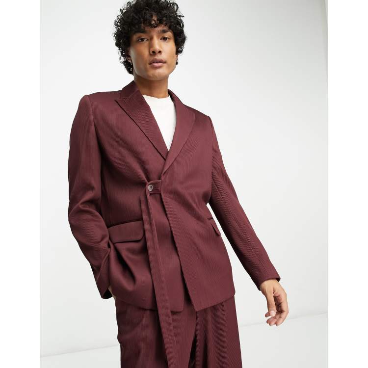 ASOS DESIGN slim belted suit jacket in burgundy plisse