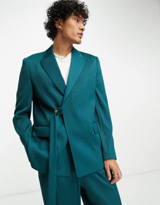Asos Design Slim Belted Suit Jacket In Forest Green Plisse | ModeSens