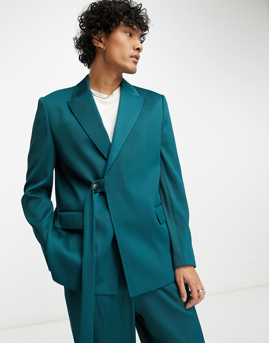 ASOS DESIGN slim belted suit jacket in forest green plisse