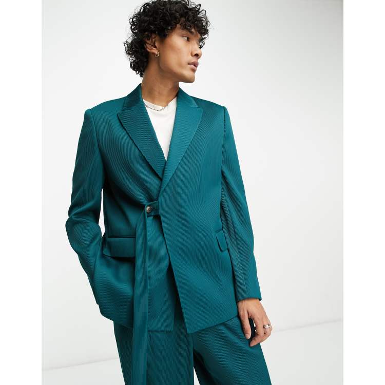 ASOS DESIGN slim belted suit jacket in forest green plisse