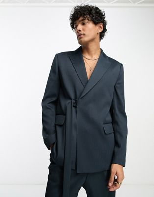 Asos Design Slim Belted Suit Jacket In Navy Plisse