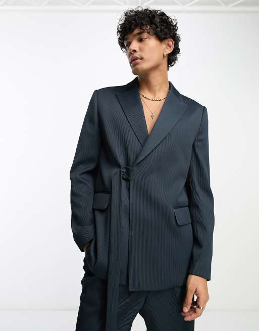 ASOS DESIGN slim belted suit jacket in navy plisse | ASOS