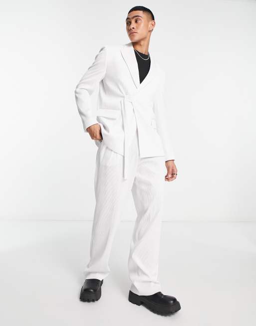 ASOS DESIGN slim belted suit jacket in white plisse