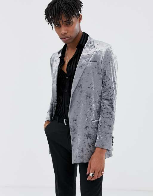 Asos Design Slim Blazer In All Over Crushed Gray Velvet Asos 5956