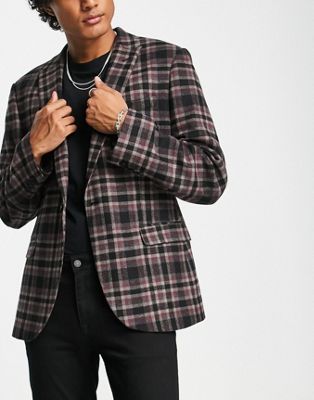 ASOS DESIGN slim blazer in burgundy check  - ASOS Price Checker