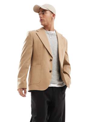 ASOS DESIGN slim blazer in camel flannel-Neutral