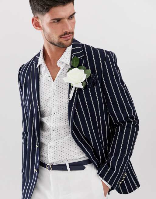 ASOS Design Wedding Skinny Blazer with Gold Buttons in Navy