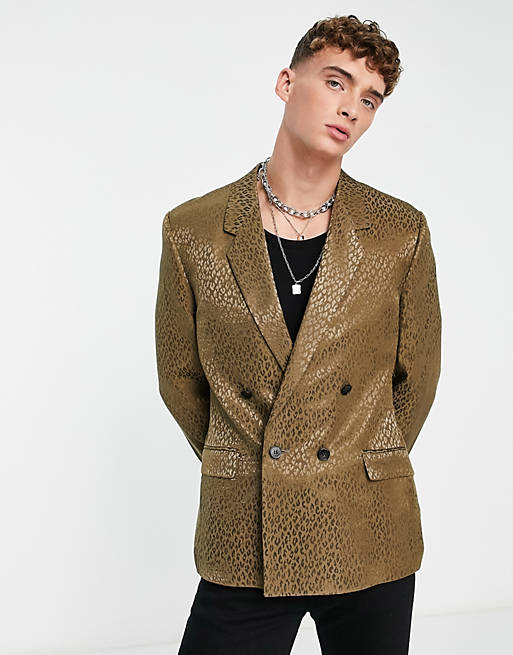 ASOS DESIGN slim blazer in tonal khaki green leopard | ASOS